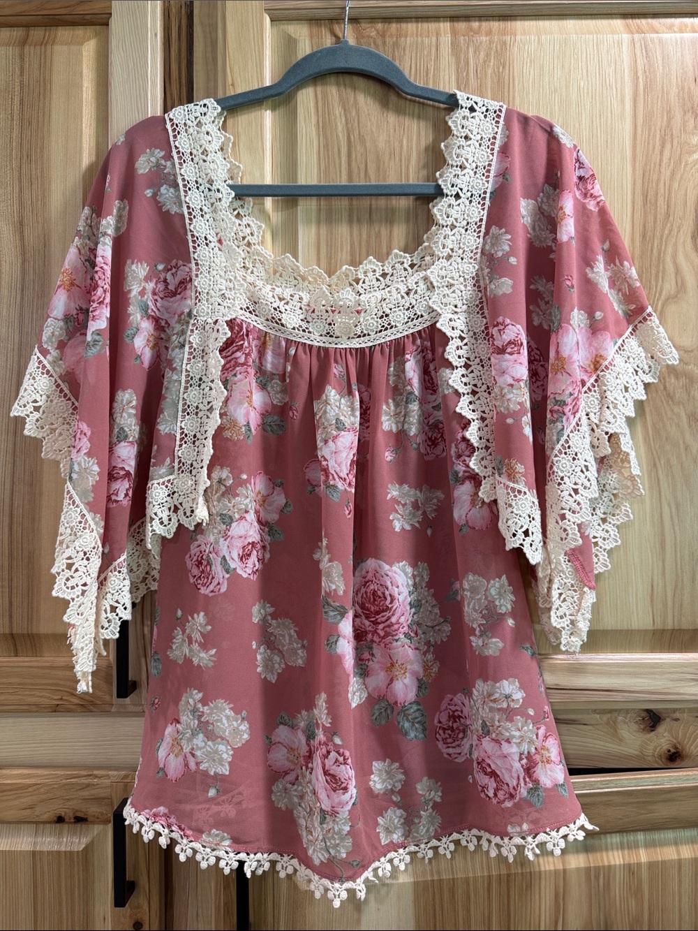 Anthropologie Eloise Nella Floral Lace Trim Women’s Top in Dusty Rose Sz L